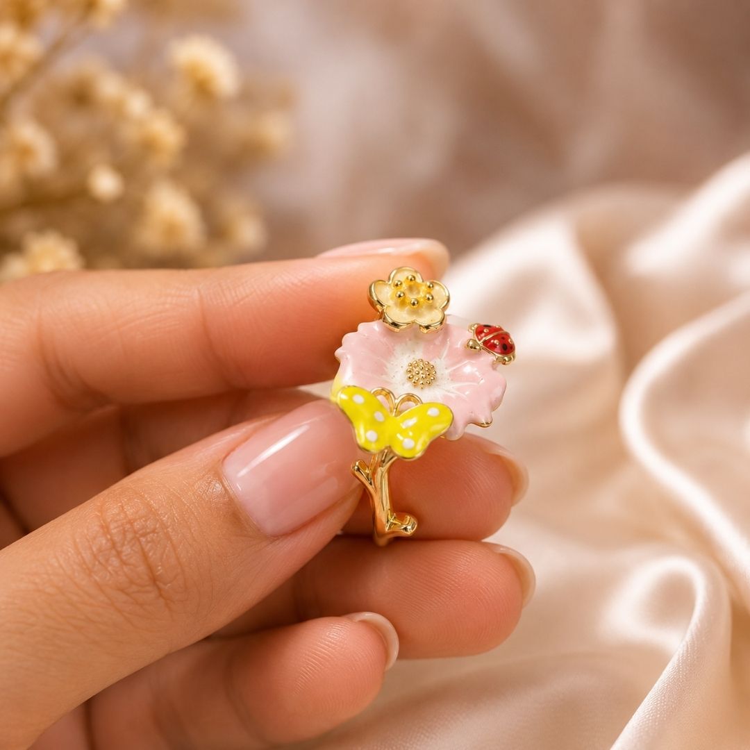 Ladybug Blossom Adjustable Ring – 18K Gold Plated Enamel Floral Ring