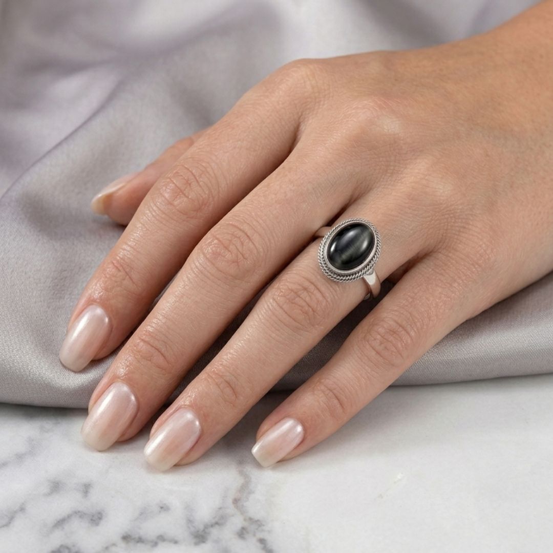 German Oxidized Silver Oval Black Stone Ring