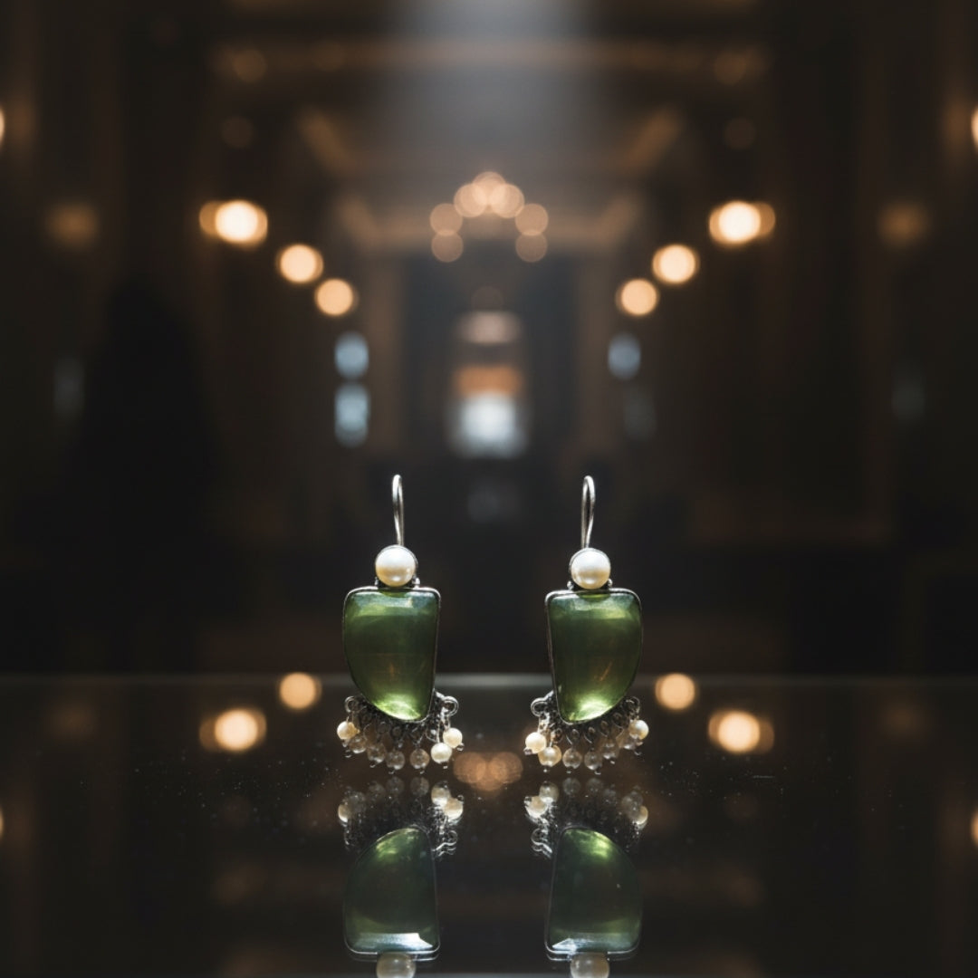 Oxidized Light Green Stone & Pearl Danglers