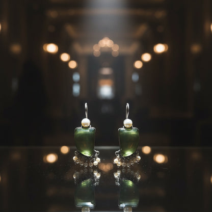 Oxidized Light Green Stone & Pearl Danglers