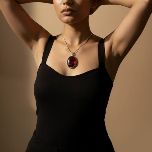 Wine Red Garnet Oval Pendant Necklace