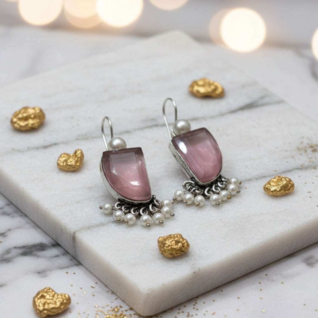Oxidized Light Purple Stone & Pearl Danglers