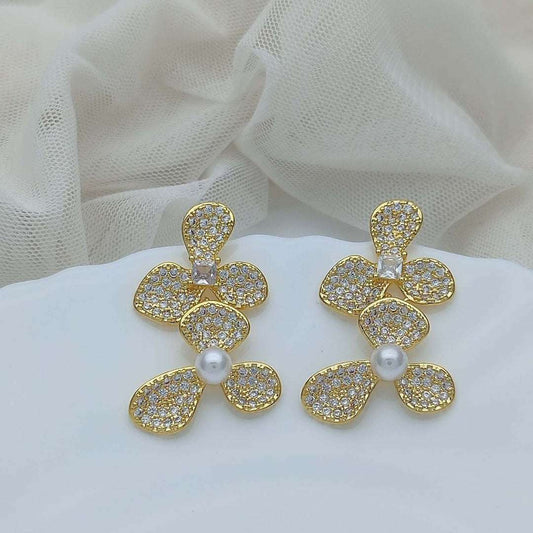 Gold Floral Crystal Pearl Earrings