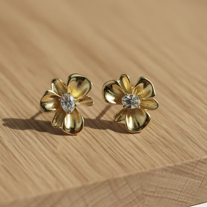 Gold Flower Crystal Stud Earrings