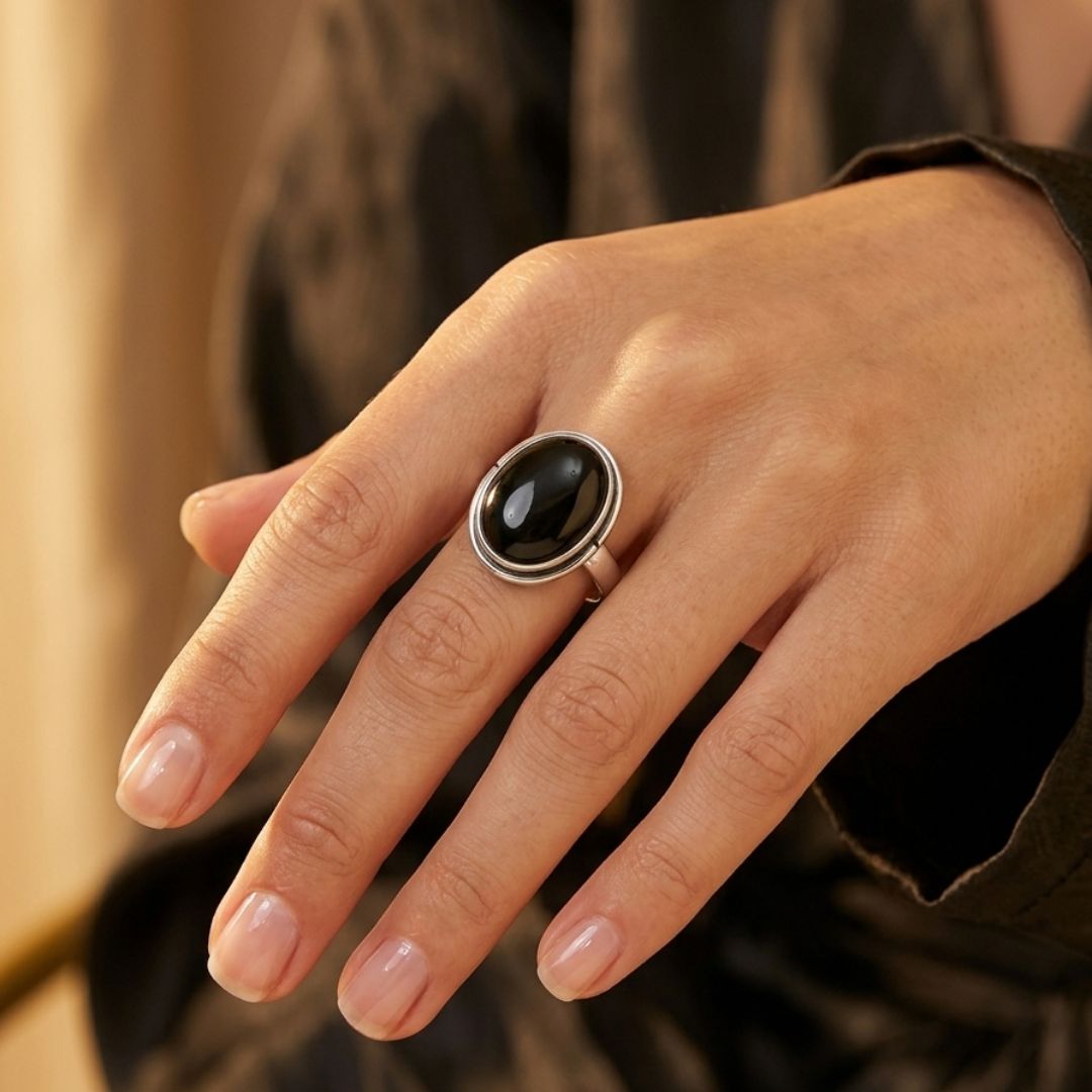 German Oxidized Silver Oval Black Stone Ring