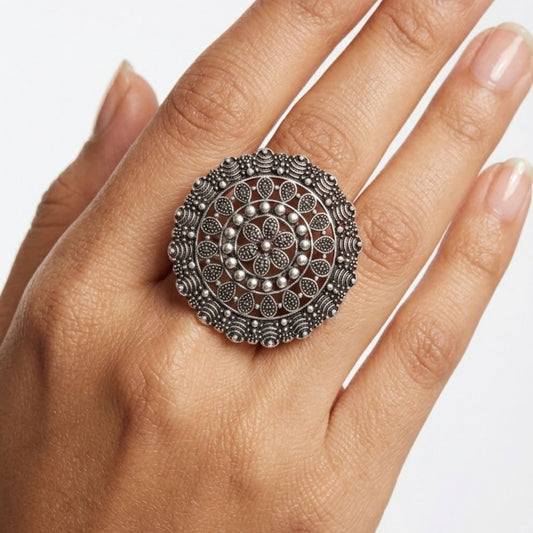 Oxidized German Silver Intricate Mandala Statement Ring