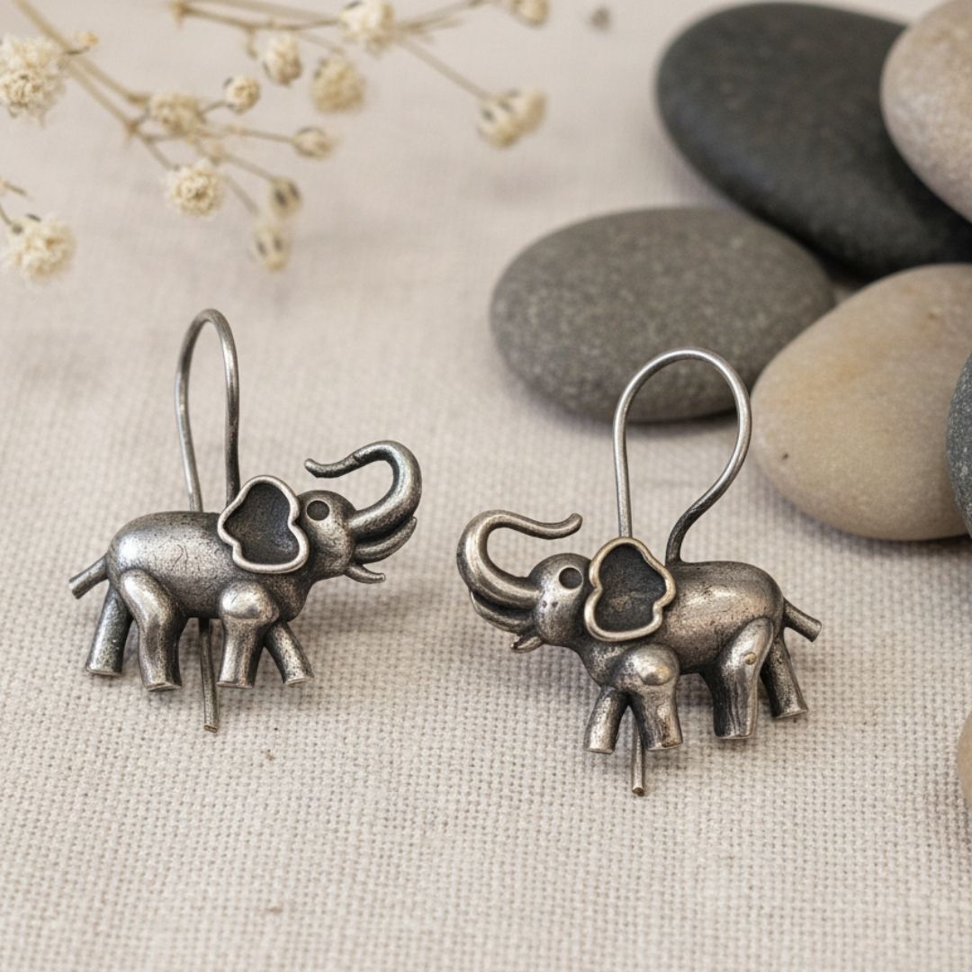 German Silver Elephant Earrings | Oxidized Tribal Elephant Drop Earrings for Women
