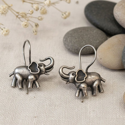 German Silver Elephant Earrings | Oxidized Tribal Elephant Drop Earrings for Women