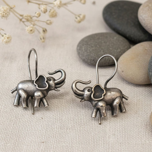 German Silver Elephant Earrings | Oxidized Tribal Elephant Drop Earrings for Women
