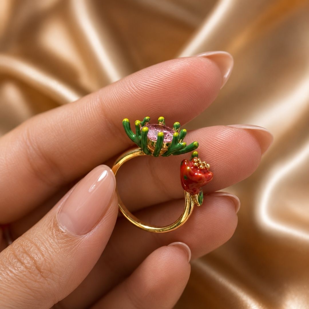 Blooming Floral Open Ring with Pink Oval Crystal