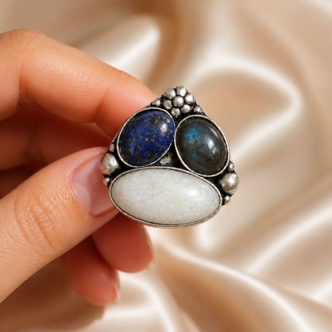 Sterling Oxidised Silver Statement Ring with Lapis Lazuli, Labradorite & White Gemstone