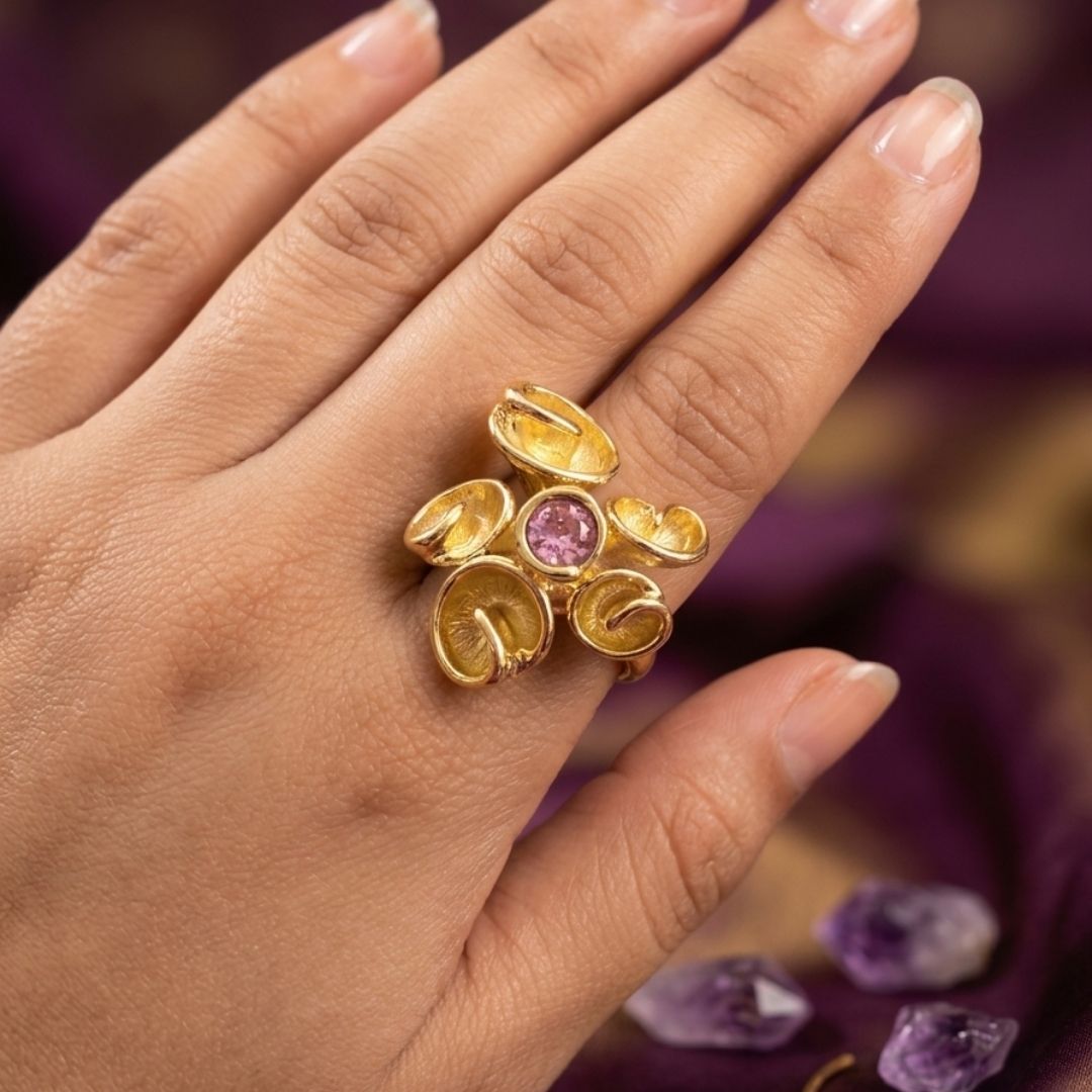 Elegant Gold Floral Pendant Necklace Set with Earrings & Ring