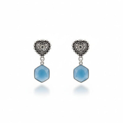 Oxidised Silver Drop Earrings with Blue Stone Accent