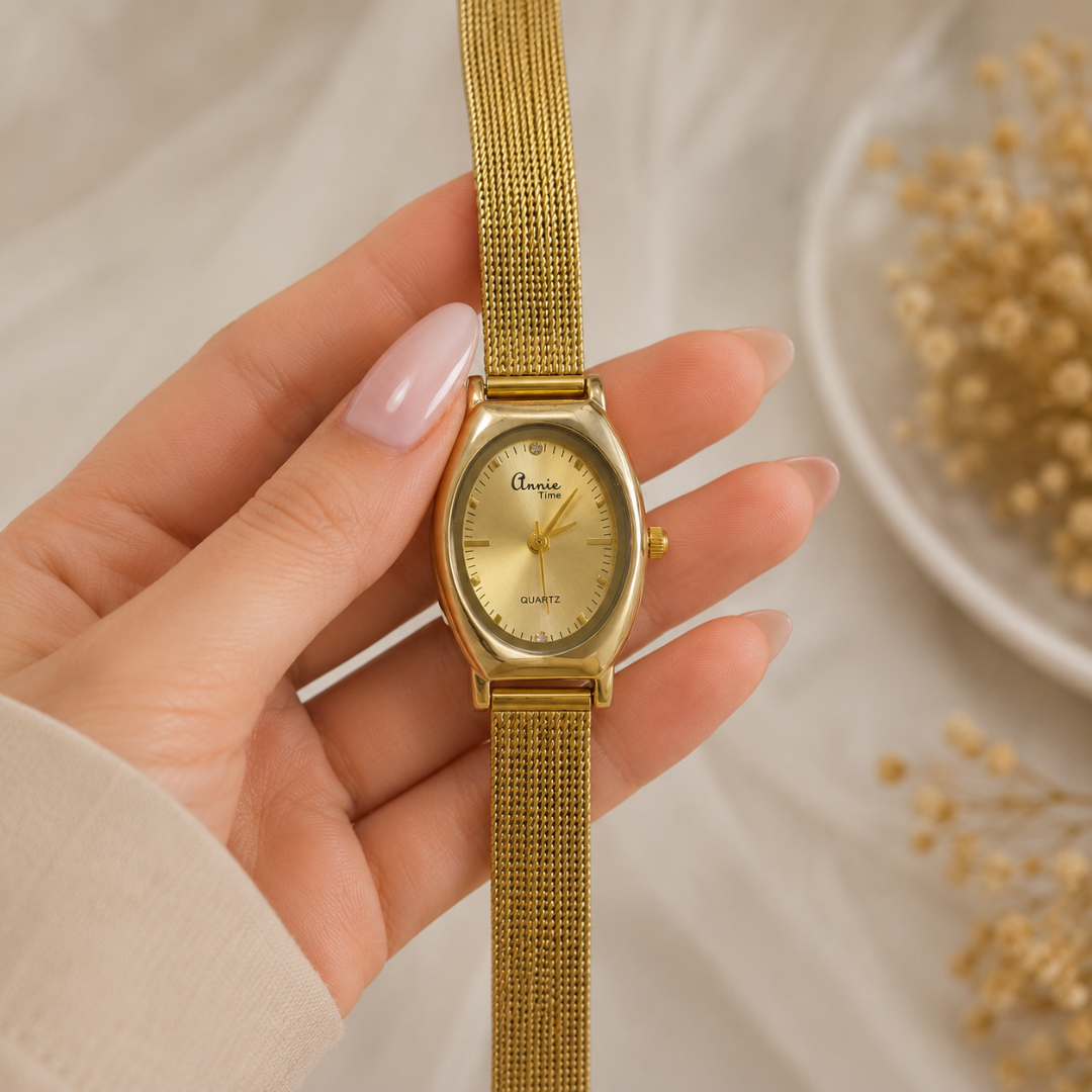 Annie Luxe Oval Gold Mesh Watch for Women – 18KT Gold-Tone Stainless Steel