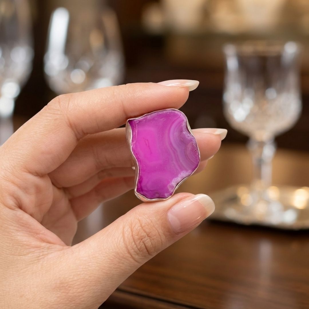 Natural Purple Agate Freeform Ring in German Oxidized Silver | Adjustable Boho Statement Jewelry