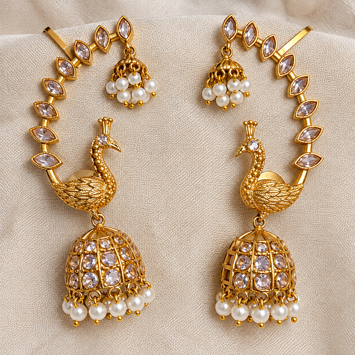 Peacock Motif White Kemp Stone Earcuff