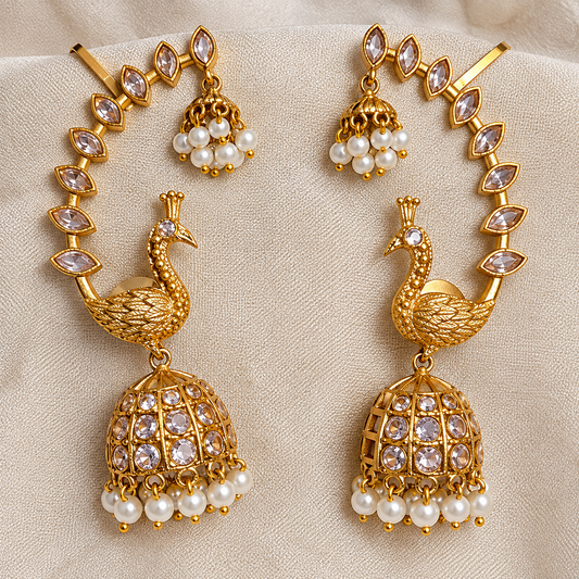 Peacock Motif White Kemp Stone Earcuff