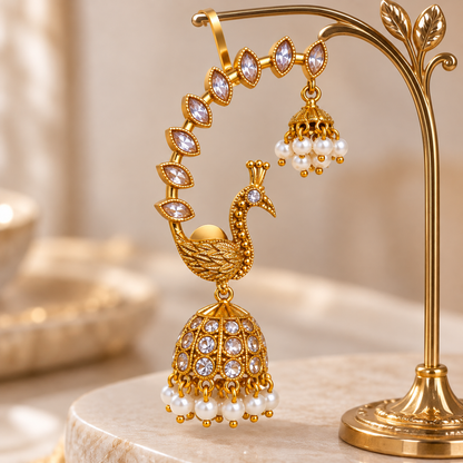 Peacock Motif White Kemp Stone Earcuff