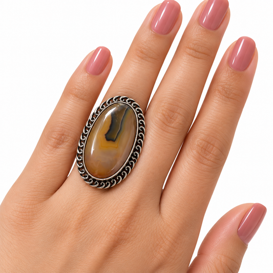 Oxidised Silver Brown Stone Statement Ring for Women