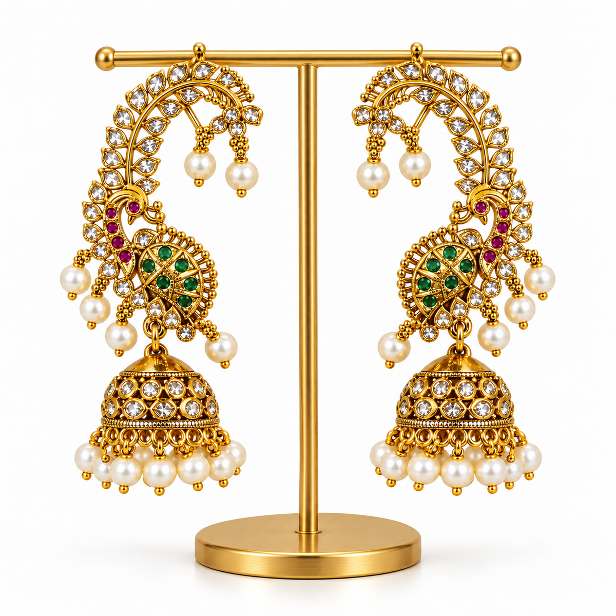AD Stone Ear Cuff Jhumka Earrings with Multiple Green & Pink Stones