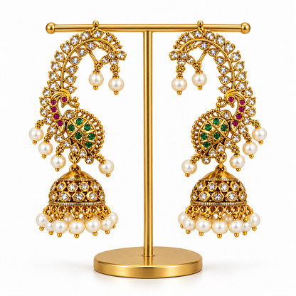 AD Stone Ear Cuff Jhumka Earrings with Multiple Green & Pink Stones