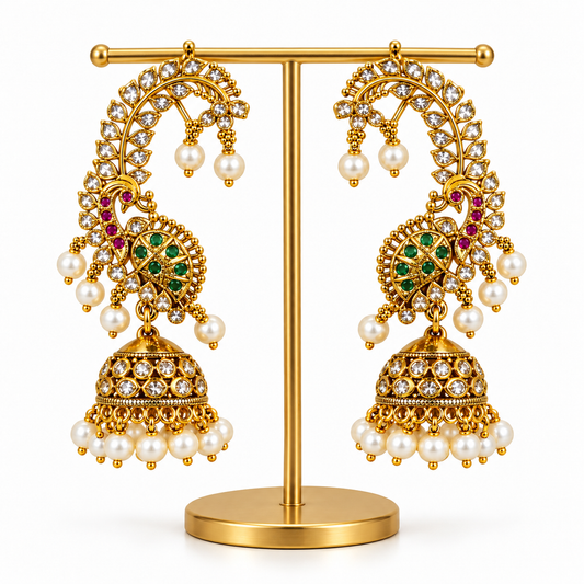 AD Stone Ear Cuff Jhumka Earrings with Multiple Green & Pink Stones