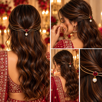 Gold-Plated Red Stone Pearl Hairlet for Women