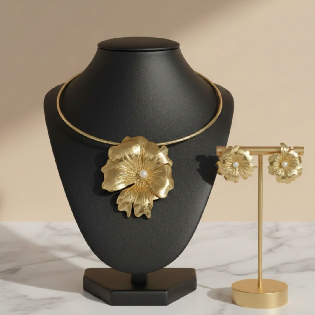 Lux Gold Plated Pearl Bloom Necklace Set