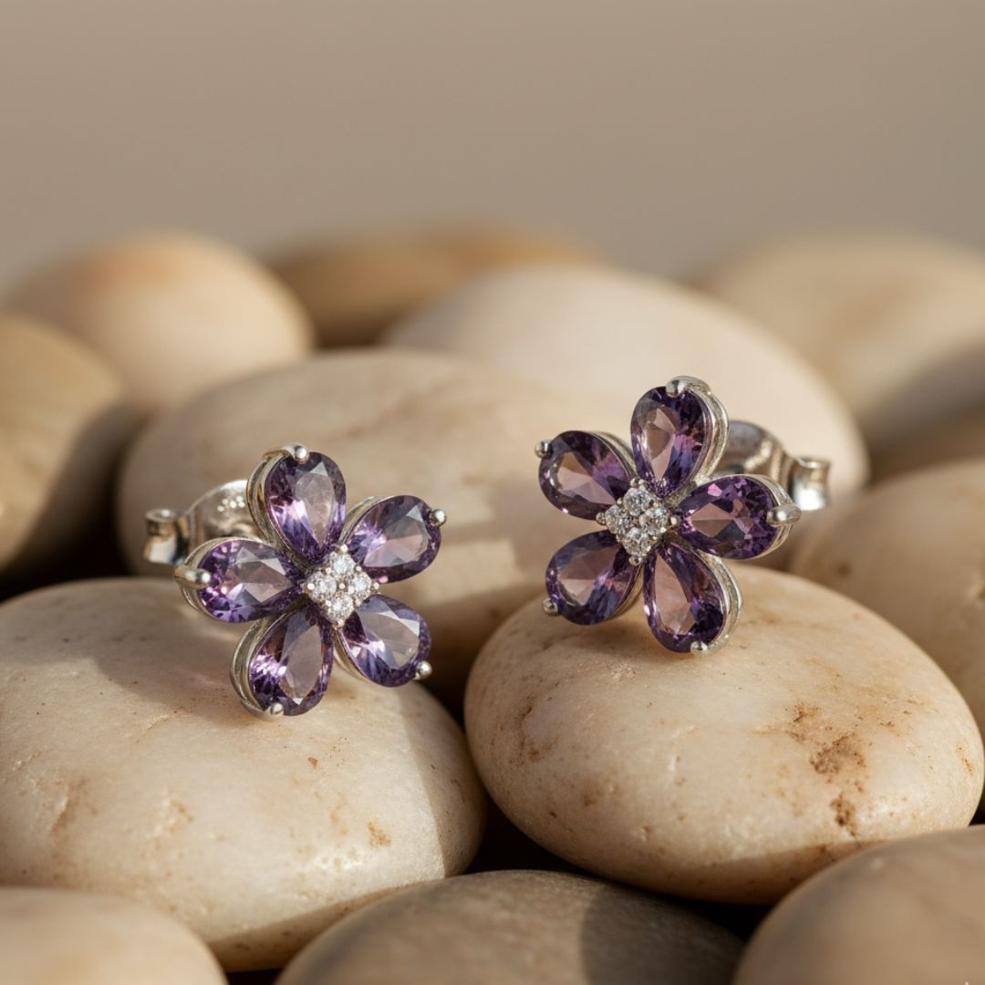 American Diamond Purple Petal Flower Stud Earrings