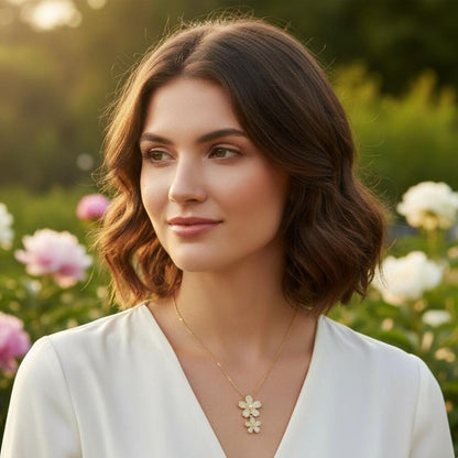 Floral Double Flower CZ Pendant Necklace | Layered Crystal Blossom Silver Chain