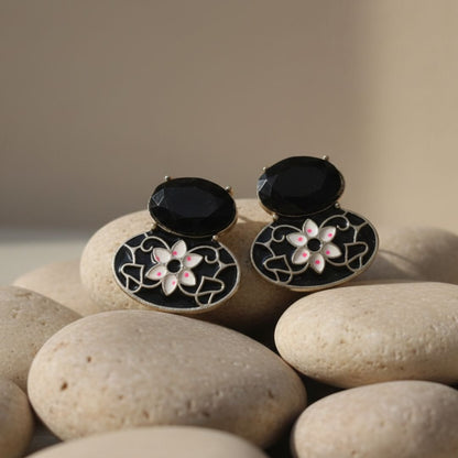 Oxidized Black Enamel Floral Stud Earrings