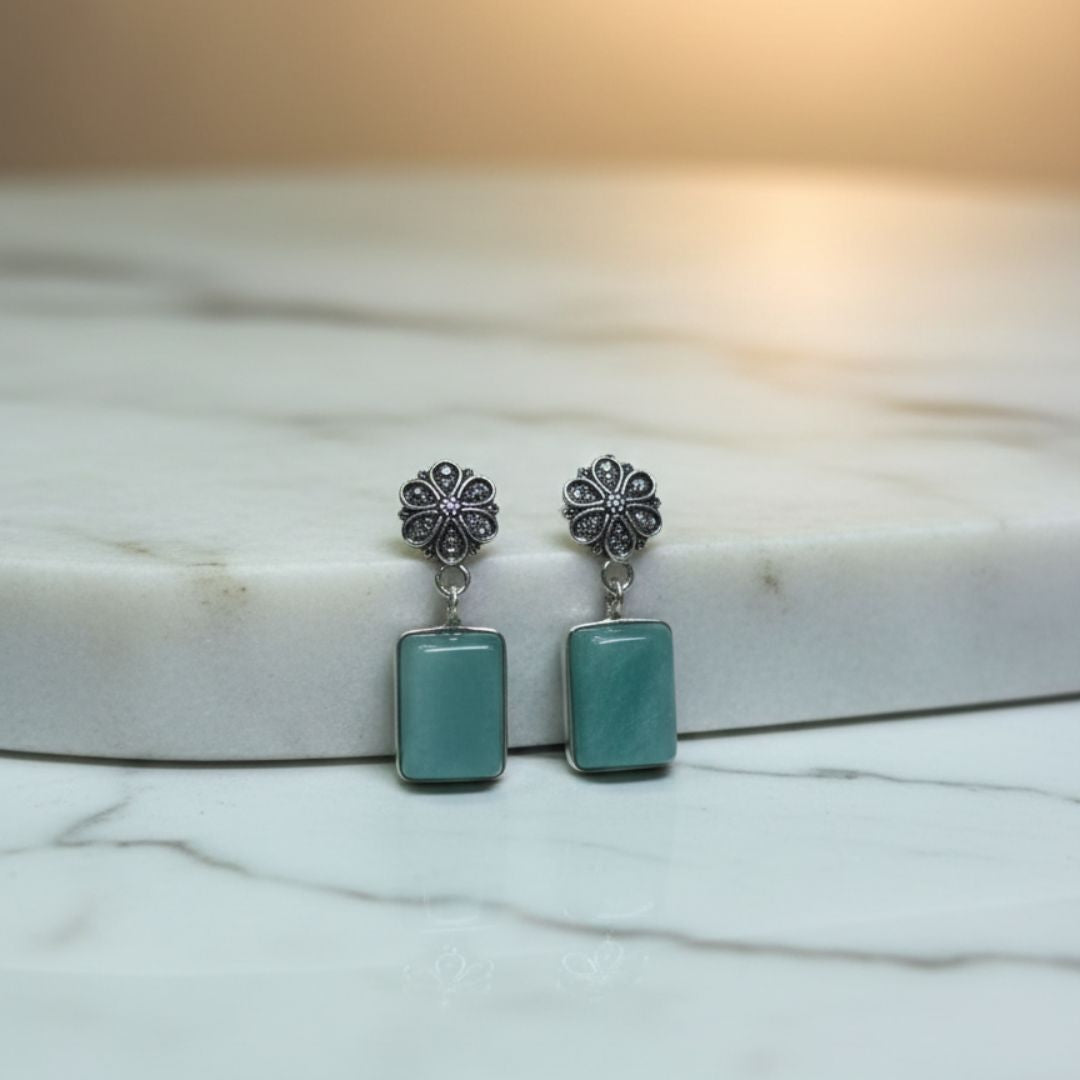 Antique Silver Floral Studs with Aqua Stone Drop Earrings