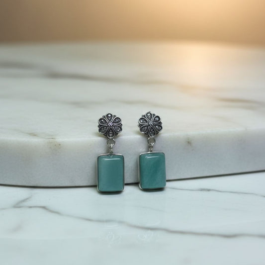 Antique Silver Floral Studs with Aqua Stone Drop Earrings