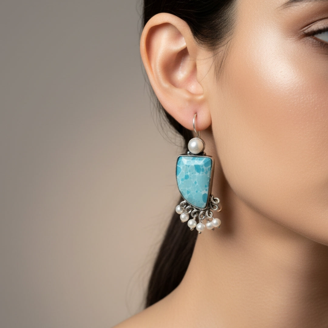 Oxidized Turquoise & Pearl Chandbali Earrings