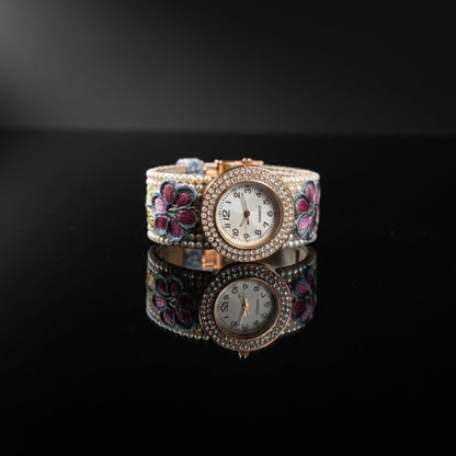 Embroidered Floral Bangle Watch – Pearl & Crystal Accents