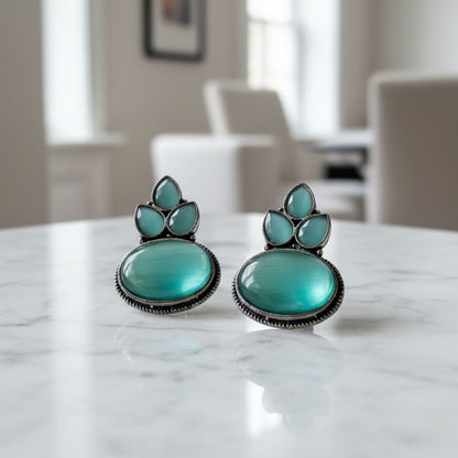 Oxidized Sky Blue Stone Stud Earrings