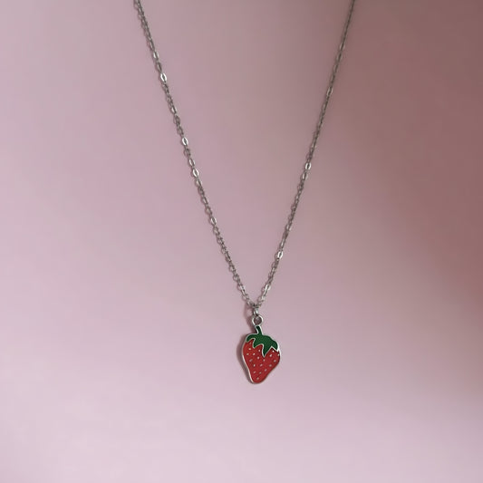 Strawberry Charm Pendant Necklace – Kids Silver Chain