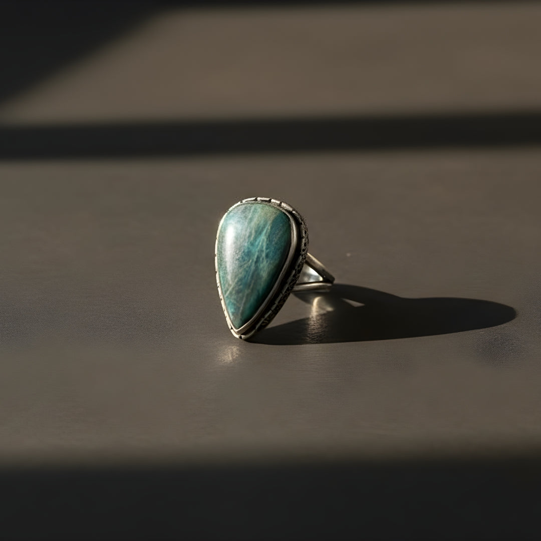 Oxidized Silver Amazonite Teardrop Ring