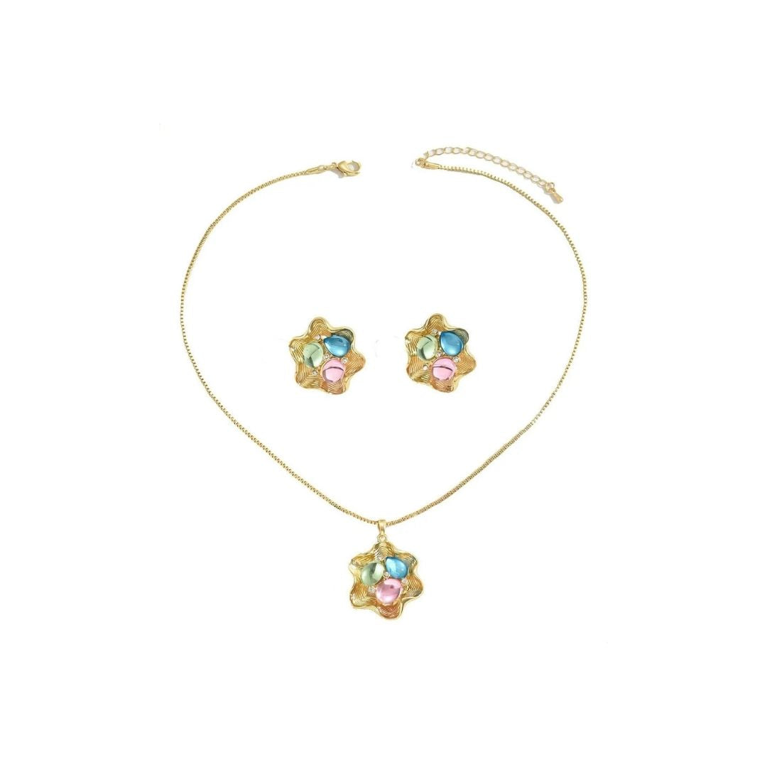 New style women's jewelry set with a unique petal design, earrings and long necklace