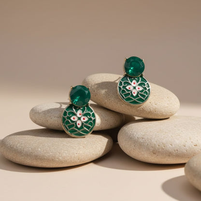 Oxidized Green Enamel Floral Stud Earrings