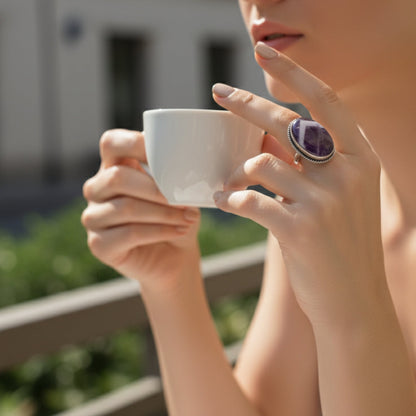 Oxidized Silver Chevron Amethyst Oval Ring