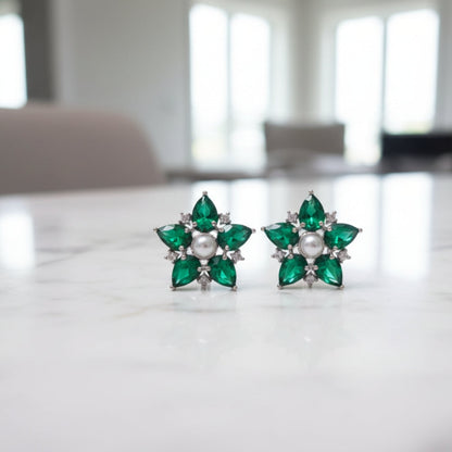 American Diamond Emerald Floral Stud Earrings