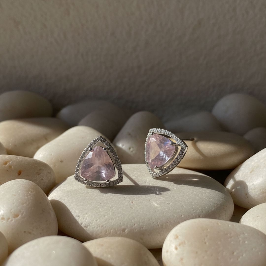 American Diamond Trillion Cut Pink Stud Earrings
