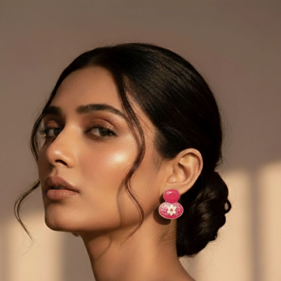 Oxidized Pink Enamel Floral Stud Earrings