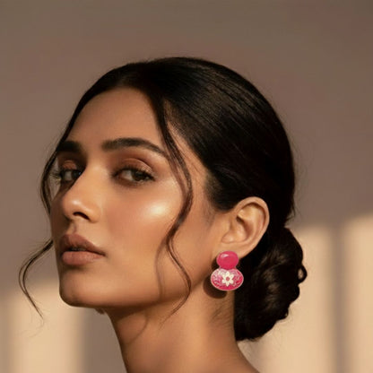 Oxidized Pink Enamel Floral Stud Earrings