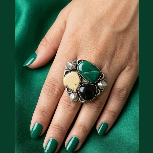 Statement Oxidised Silver Adjustable Ring with Multi-Stone Design