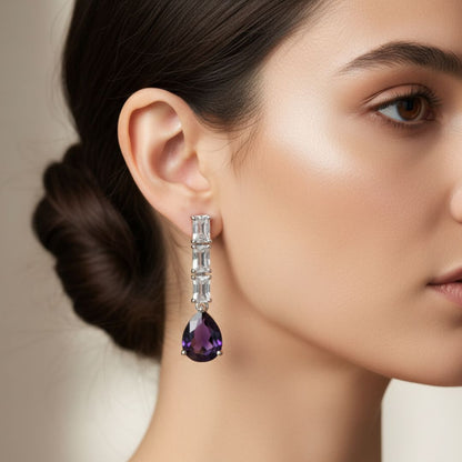 American Diamond Linear Purple Drop Earrings