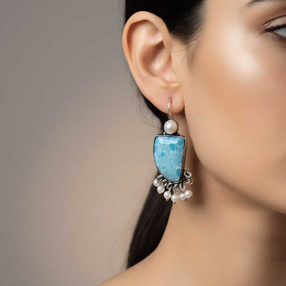Oxidized Turquoise & Pearl Chandbali Earrings