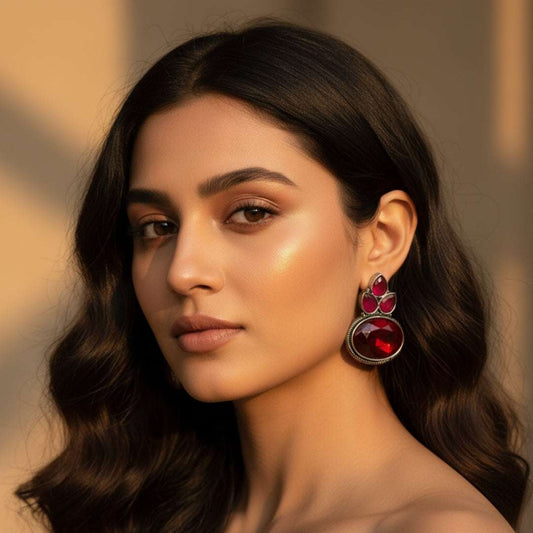 Oxidized Ruby Red Stone Dangling Earrings