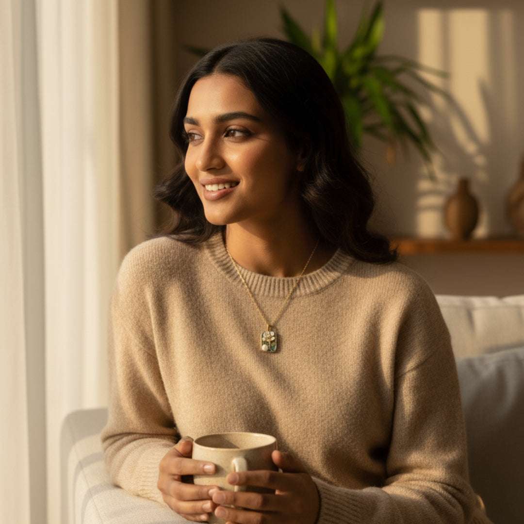 Gold Floral Enamel Pendant Necklace